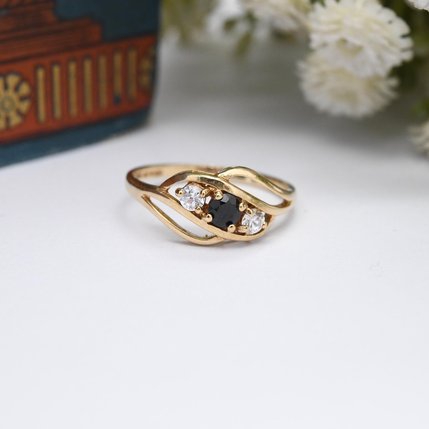 Vintage 9ct Gold Sapphire Three Stone Twist Ring 1988 with White Stones - Small Size Beautiful Pinkie Ring | UK Size - K | US Size - 5 1/4