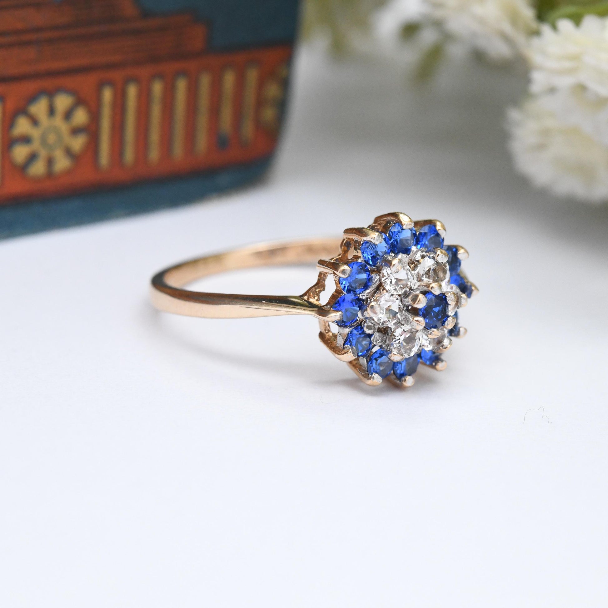 Vintage 9ct Gold Cluster Ring 1975 - Cocktail Statement Ring Blue and Clear Stones | Pretty Gift for Her | UK Size - O 1/2 | US Size - 7 1/2