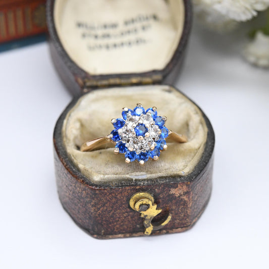 Vintage 9ct Gold Cluster Ring 1975 - Cocktail Statement Ring Blue and Clear Stones | Pretty Gift for Her | UK Size - O 1/2 | US Size - 7 1/2