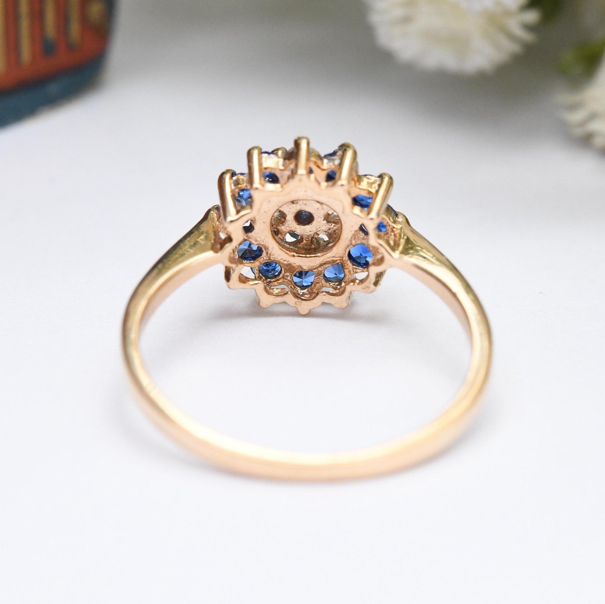 Vintage 9ct Gold Cluster Ring 1975 - Cocktail Statement Ring Blue and Clear Stones | Pretty Gift for Her | UK Size - O 1/2 | US Size - 7 1/2