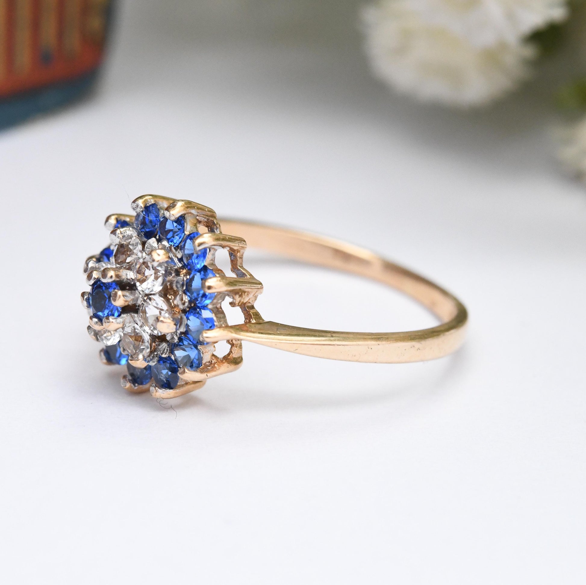 Vintage 9ct Gold Cluster Ring 1975 - Cocktail Statement Ring Blue and Clear Stones | Pretty Gift for Her | UK Size - O 1/2 | US Size - 7 1/2