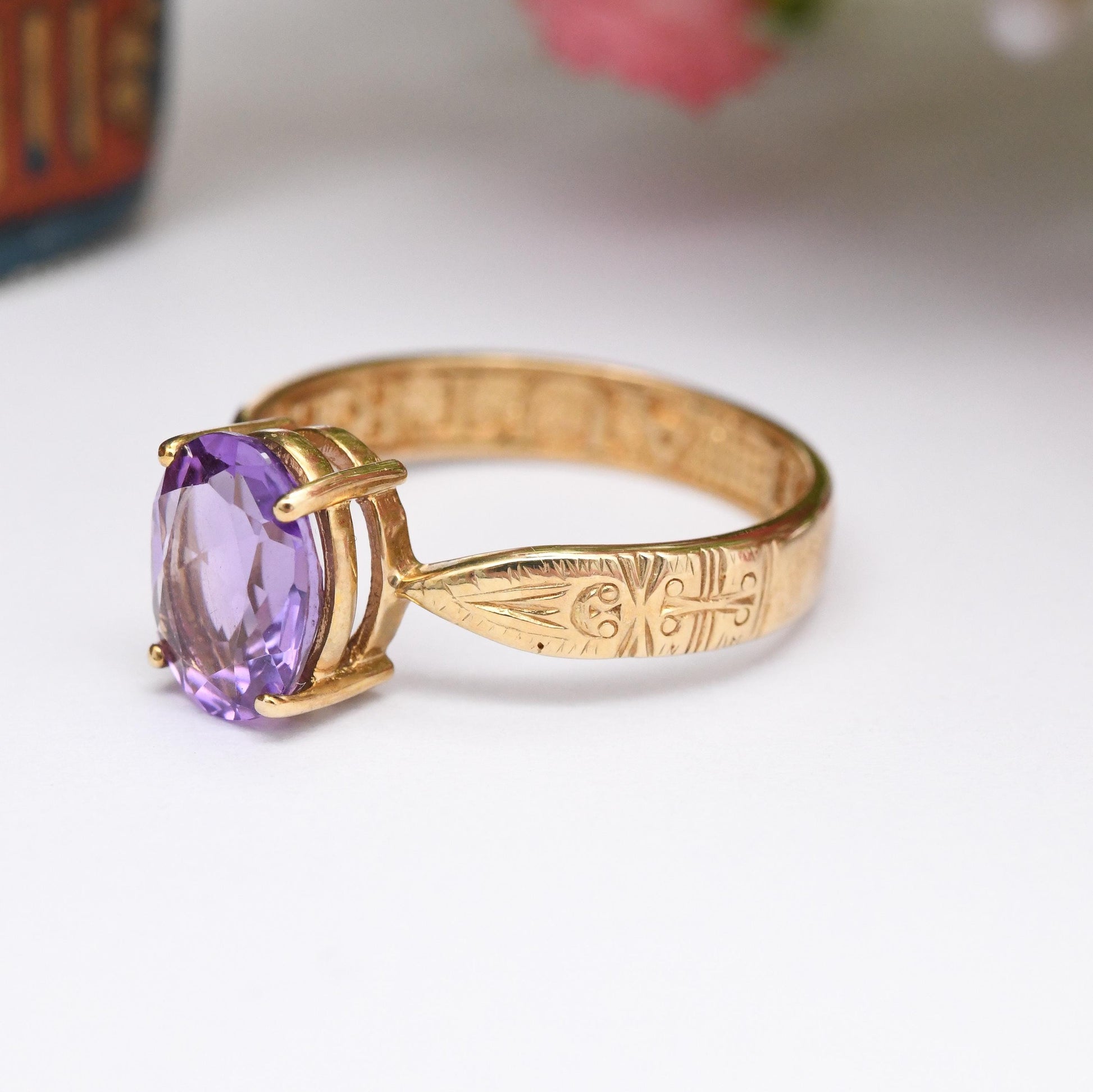 Vintage 9ct Gold Amethyst Sentimental Ring A Nul Autre To No One Else - Large Purple Stone Solitaire | UK Size - O 1/2 | US Size - 7 1/2