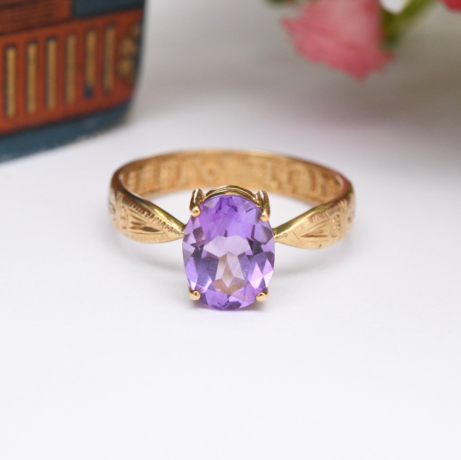 Vintage 9ct Gold Amethyst Sentimental Ring A Nul Autre To No One Else - Large Purple Stone Solitaire | UK Size - O 1/2 | US Size - 7 1/2