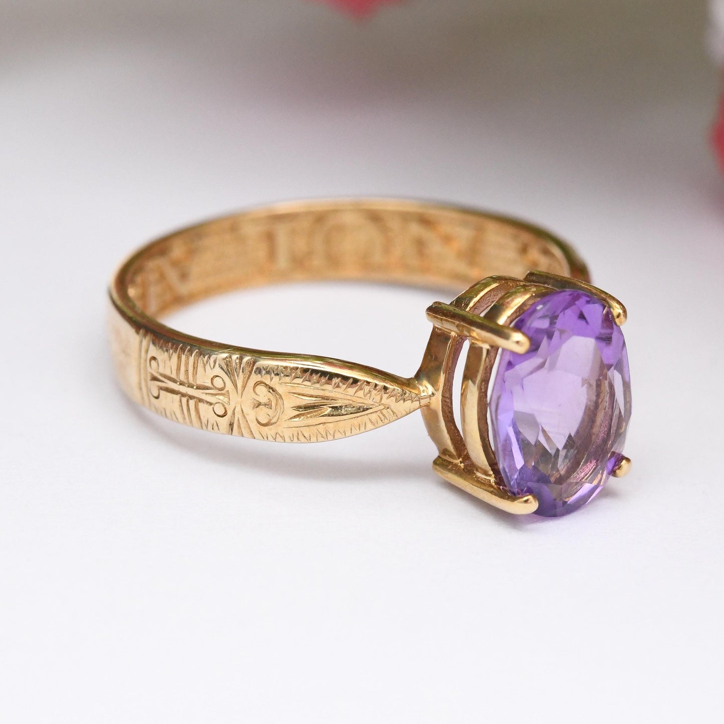 Vintage 9ct Gold Amethyst Sentimental Ring A Nul Autre To No One Else - Large Purple Stone Solitaire | UK Size - O 1/2 | US Size - 7 1/2