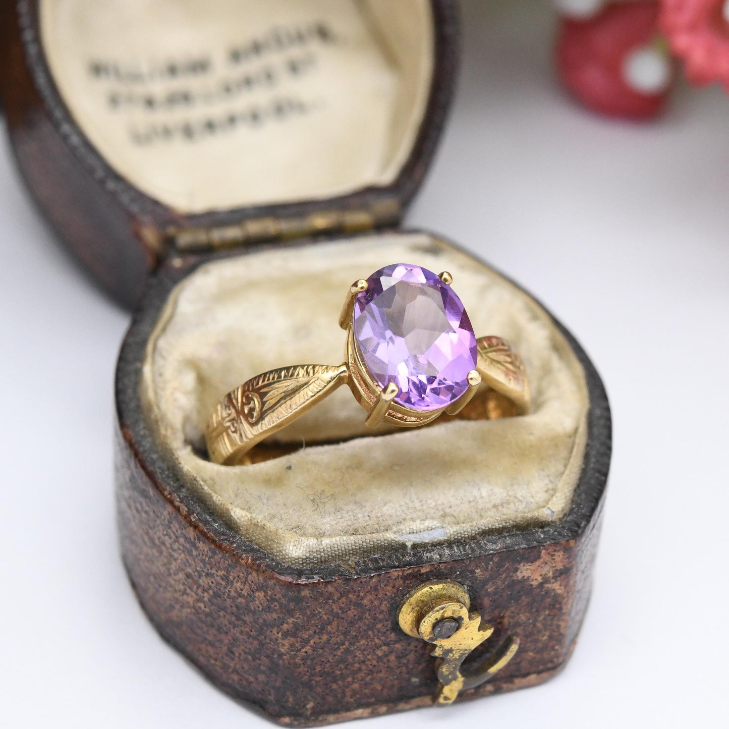 Vintage 9ct Gold Amethyst Sentimental Ring A Nul Autre To No One Else - Large Purple Stone Solitaire | UK Size - O 1/2 | US Size - 7 1/2