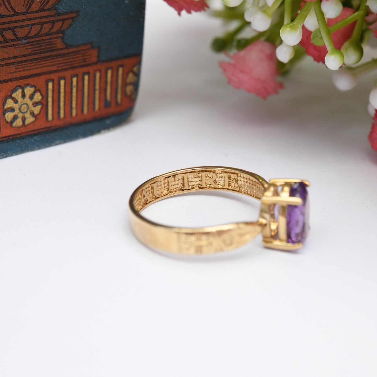 Vintage 9ct Gold Amethyst Sentimental Ring A Nul Autre To No One Else - Large Purple Stone Solitaire | UK Size - O 1/2 | US Size - 7 1/2