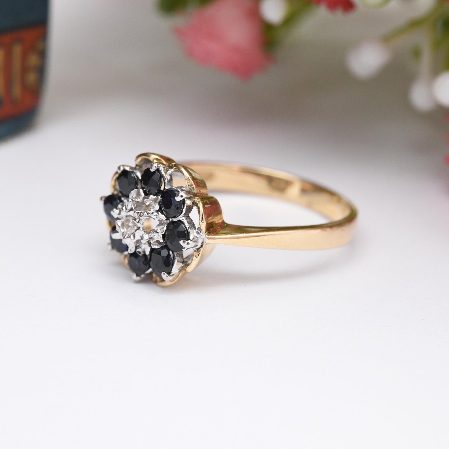 Vintage 9ct Gold Diamond Sapphire Flower Cluster Ring 1981 - Pretty Deep Blue Floral Ring Gift for Her | UK Size - P 1/2 | US Size - 8