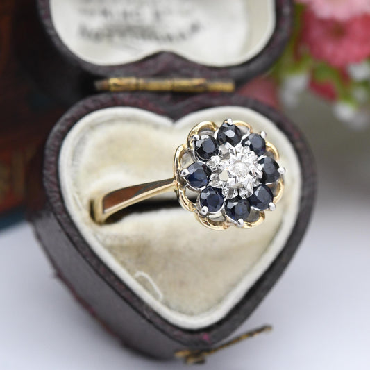 Vintage 9ct Gold Diamond Sapphire Flower Cluster Ring 1981 - Pretty Deep Blue Floral Ring Gift for Her | UK Size - P 1/2 | US Size - 8