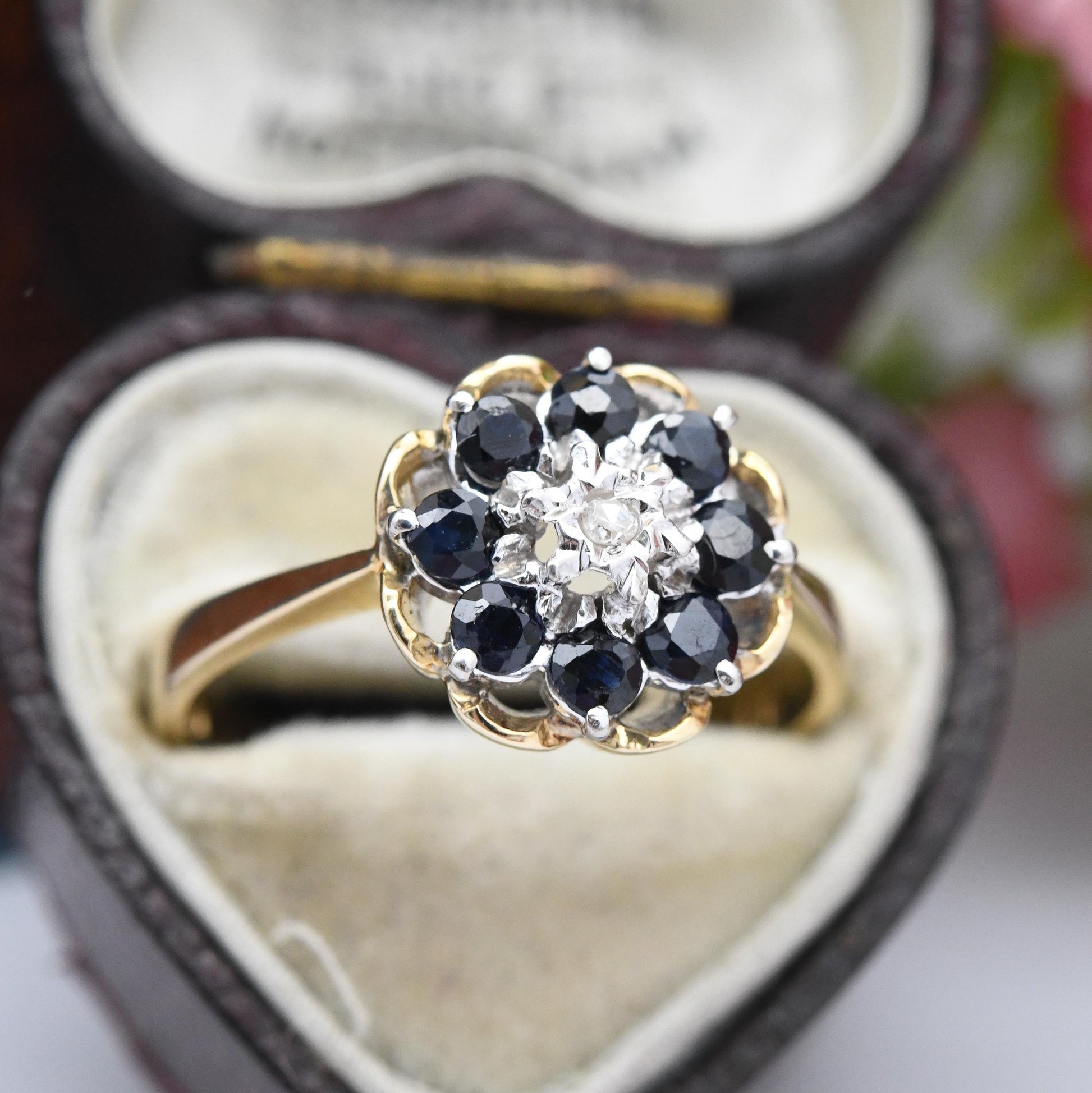 Vintage 9ct Gold Diamond Sapphire Flower Cluster Ring 1981 - Pretty Deep Blue Floral Ring Gift for Her | UK Size - P 1/2 | US Size - 8