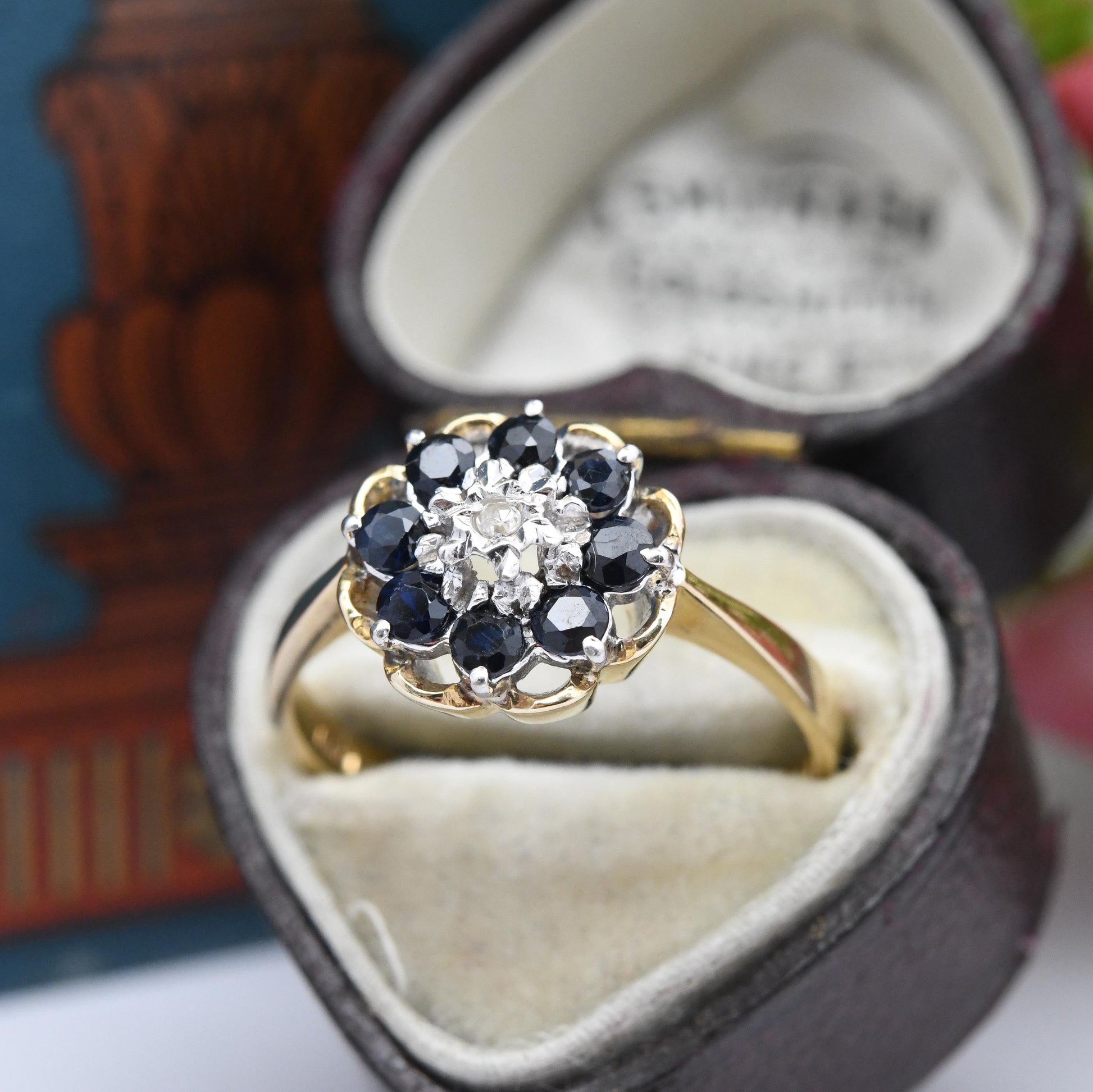 Vintage 9ct Gold Diamond Sapphire Flower Cluster Ring 1981 - Pretty Deep Blue Floral Ring Gift for Her | UK Size - P 1/2 | US Size - 8