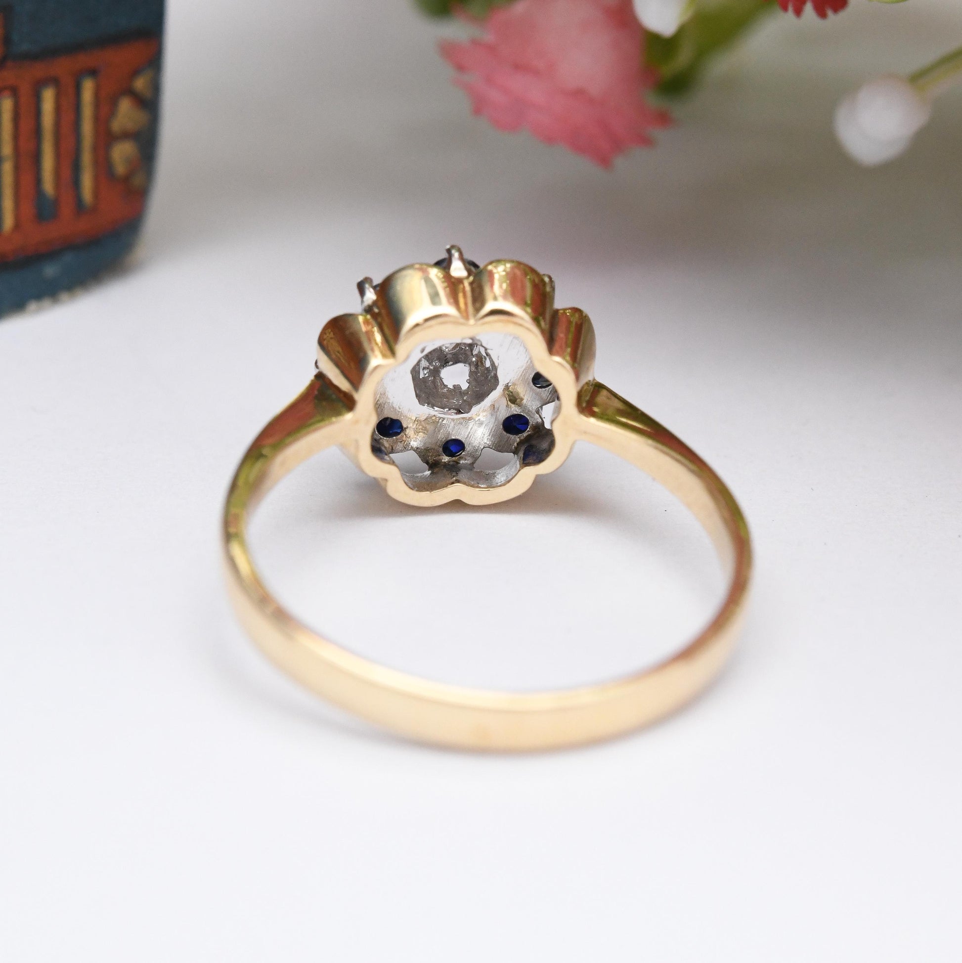 Vintage 9ct Gold Diamond Sapphire Flower Cluster Ring 1981 - Pretty Deep Blue Floral Ring Gift for Her | UK Size - P 1/2 | US Size - 8