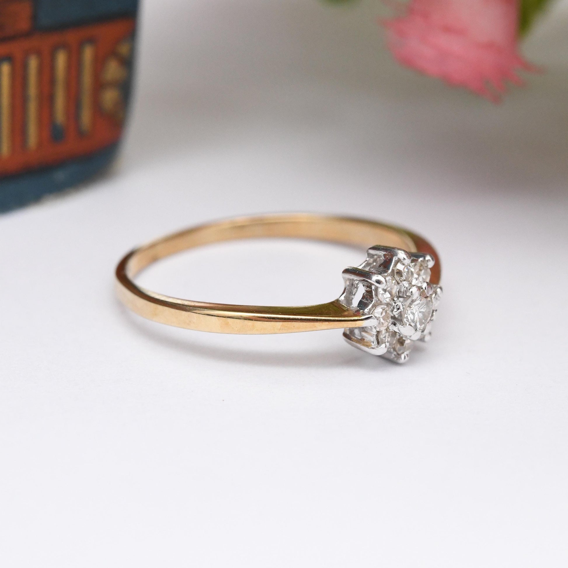 Vintage 9ct Gold and Diamond Floral Cluster Ring 1983 - Pretty Engagement Flower Ring | Delicate Gold Gift | UK Size - N | US Size - 6 3/4