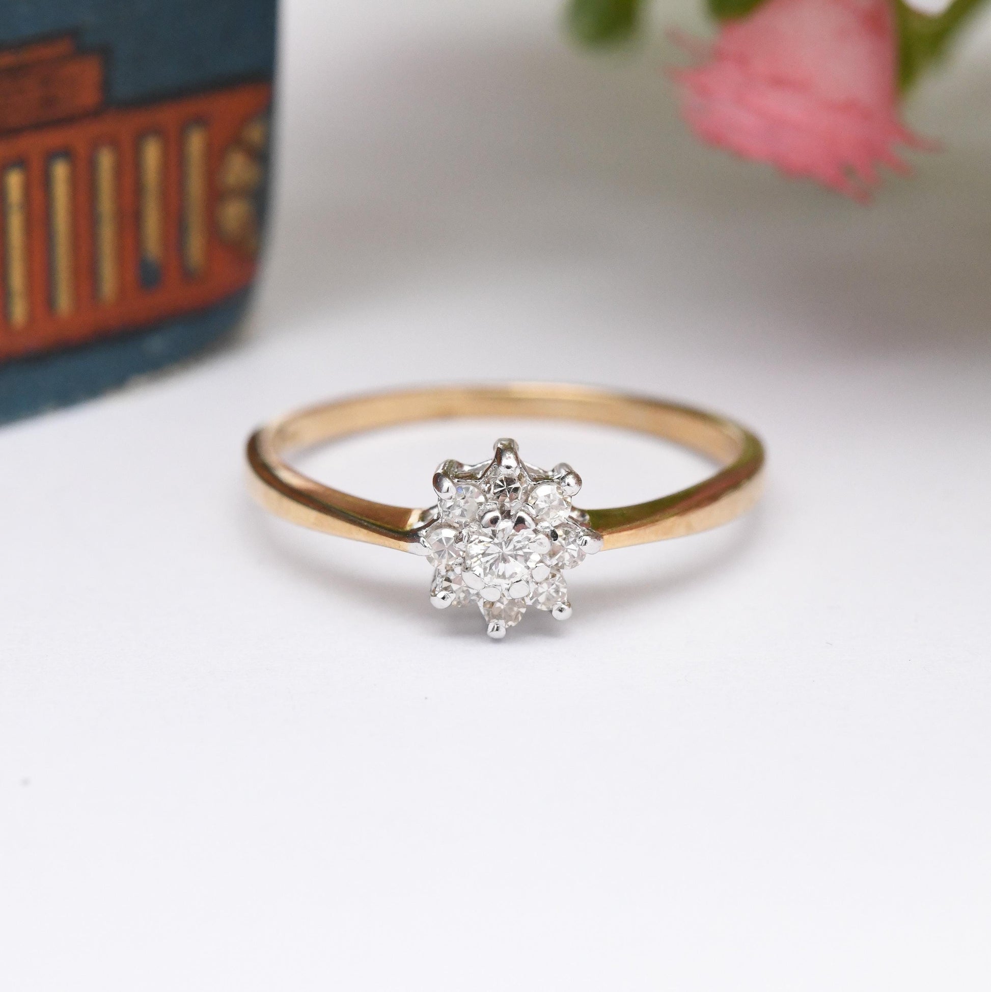 Vintage 9ct Gold and Diamond Floral Cluster Ring 1983 - Pretty Engagement Flower Ring | Delicate Gold Gift | UK Size - N | US Size - 6 3/4