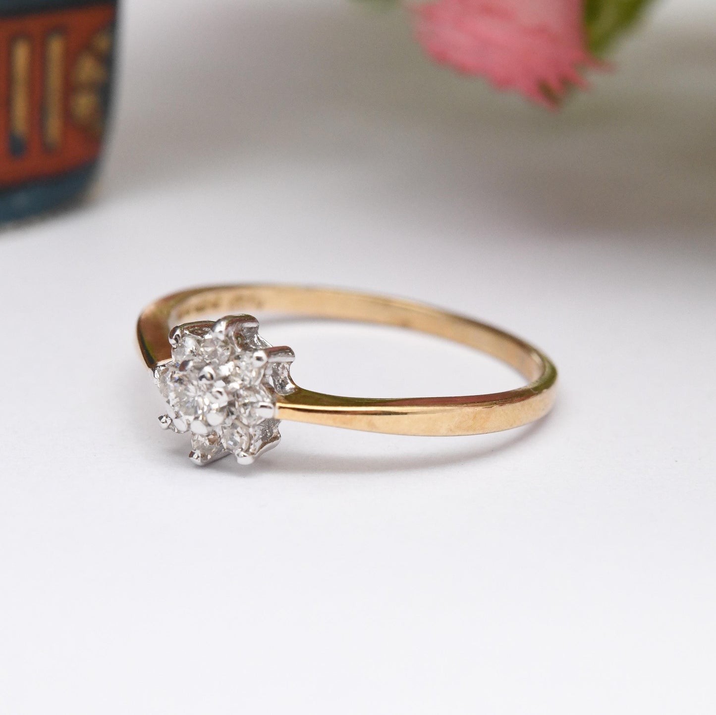 Vintage 9ct Gold and Diamond Floral Cluster Ring 1983 - Pretty Engagement Flower Ring | Delicate Gold Gift | UK Size - N | US Size - 6 3/4