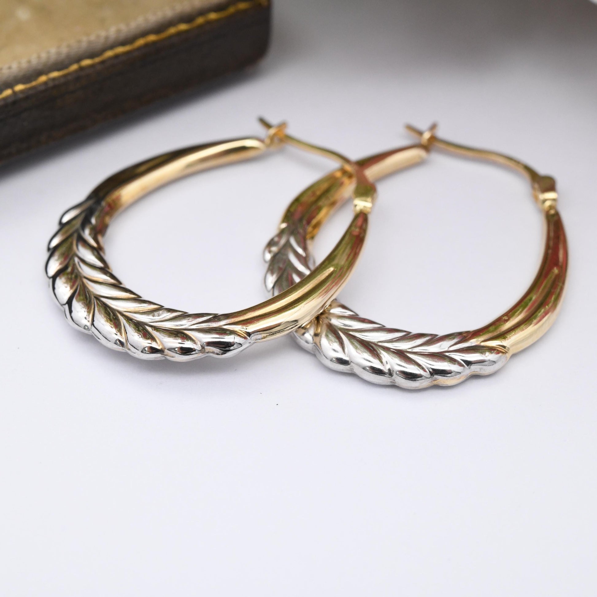 Vintage 9ct Gold Hoop Earrings Laurel Leaves Wreath Design - Large Hollow Hoops | Two-Tone Yellow and White Gold