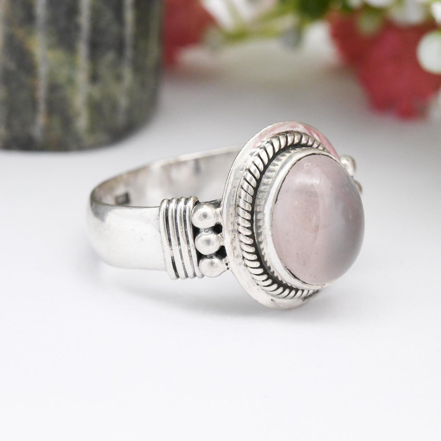 Vintage Sterling Silver Rose Quartz Ring - Rope Twist Ball Large Cabochon Stone | Pretty Baby Pink Gemstone | UK Size - T | US Size - 9 1/2