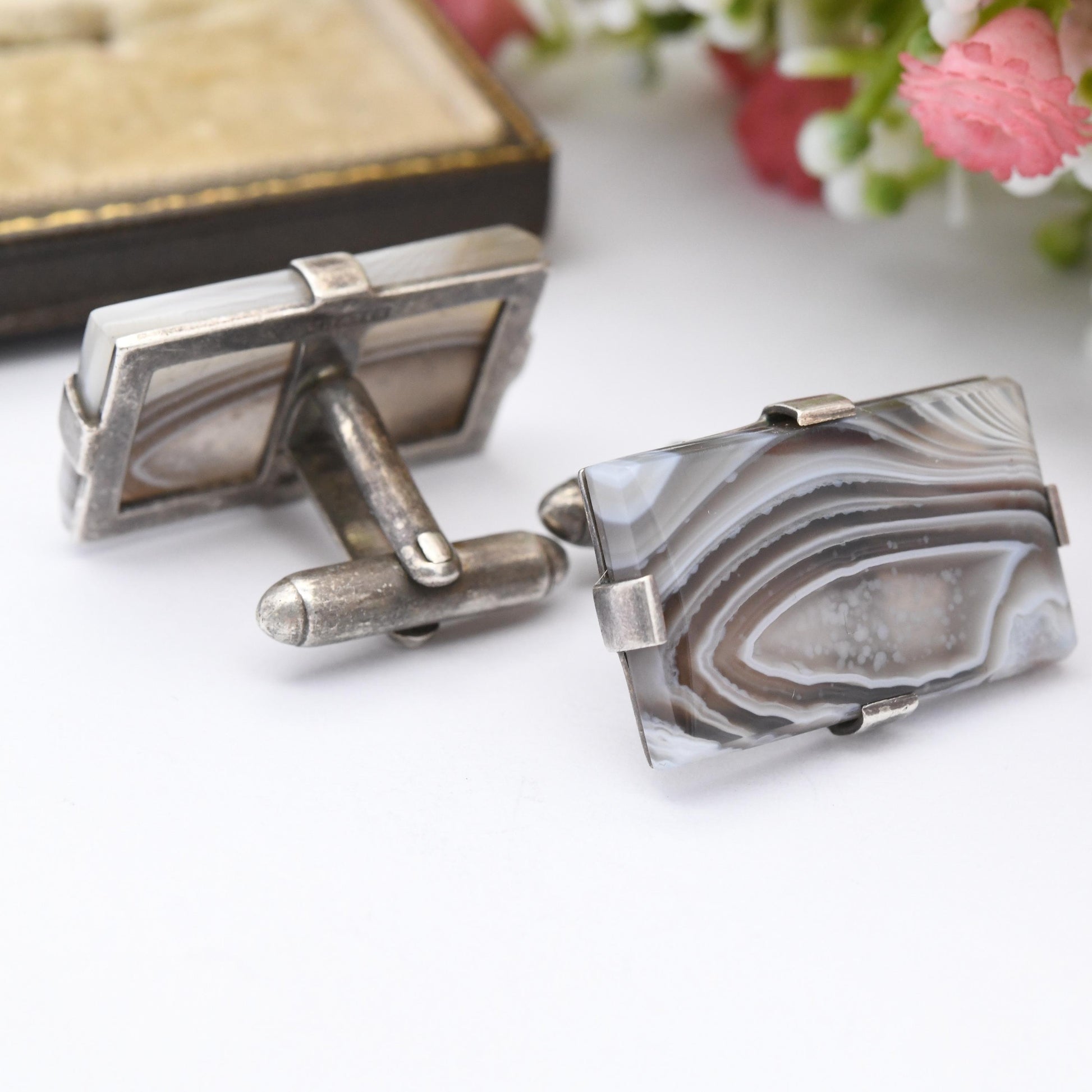 Antique Sterling Silver Agate Cufflinks - Large Rectangle Gemstone Brown and Blue Striped Bands | Bullet Back | Gift for Him