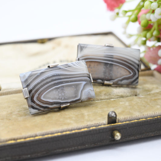 Antique Sterling Silver Agate Cufflinks - Large Rectangle Gemstone Brown and Blue Striped Bands | Bullet Back | Gift for Him