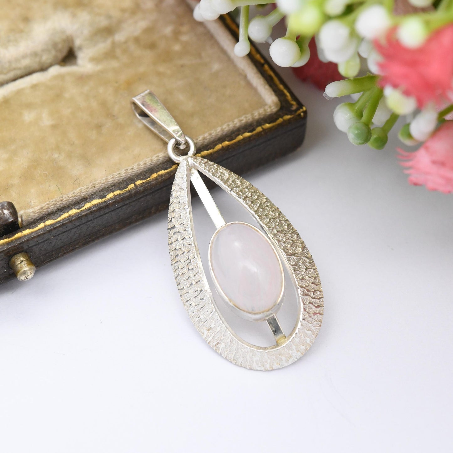 Vintage Mid-Century Sterling Silver Pendant by Andreas Daub A*D - Teardrop Shape | Textured Silver | Swirling Engraved Pink Stone