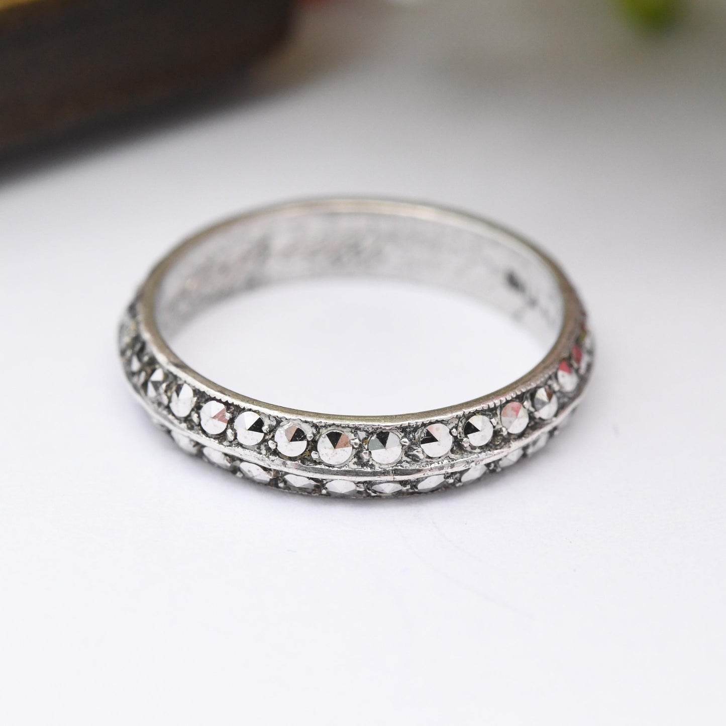 Vintage Sterling Silver Full Eternity Marcasite Ring with Secret Mourning Message - May the Memory Be Evergreen | UK Size - M | US Size - 6