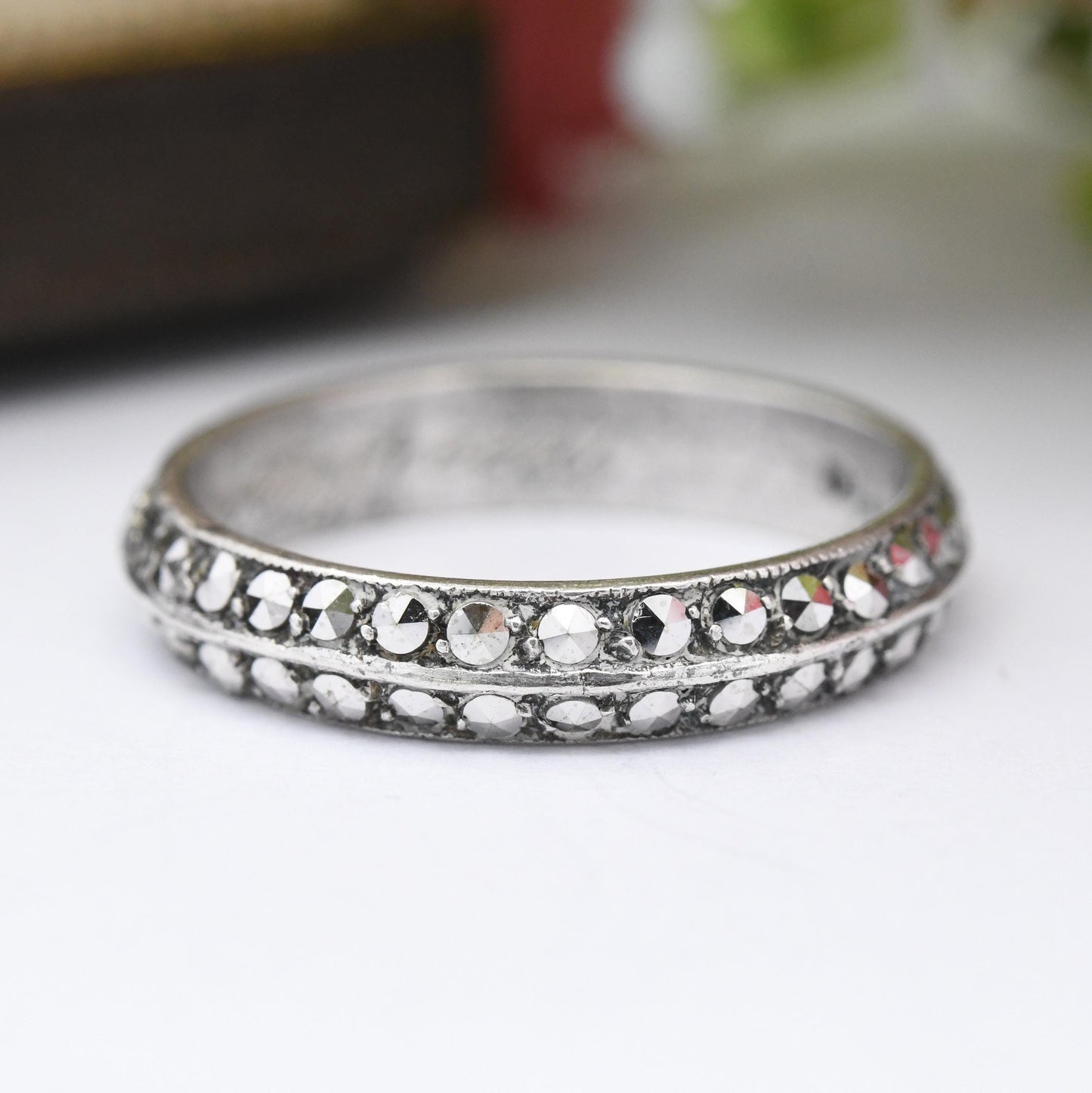 Vintage Sterling Silver Full Eternity Marcasite Ring with Secret Mourning Message - May the Memory Be Evergreen | UK Size - M | US Size - 6