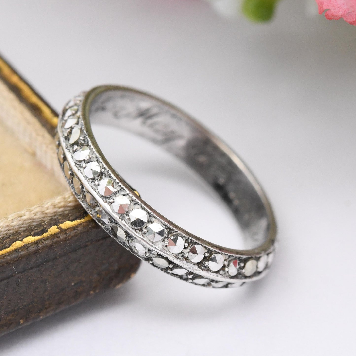 Vintage Sterling Silver Full Eternity Marcasite Ring with Secret Mourning Message - May the Memory Be Evergreen | UK Size - M | US Size - 6