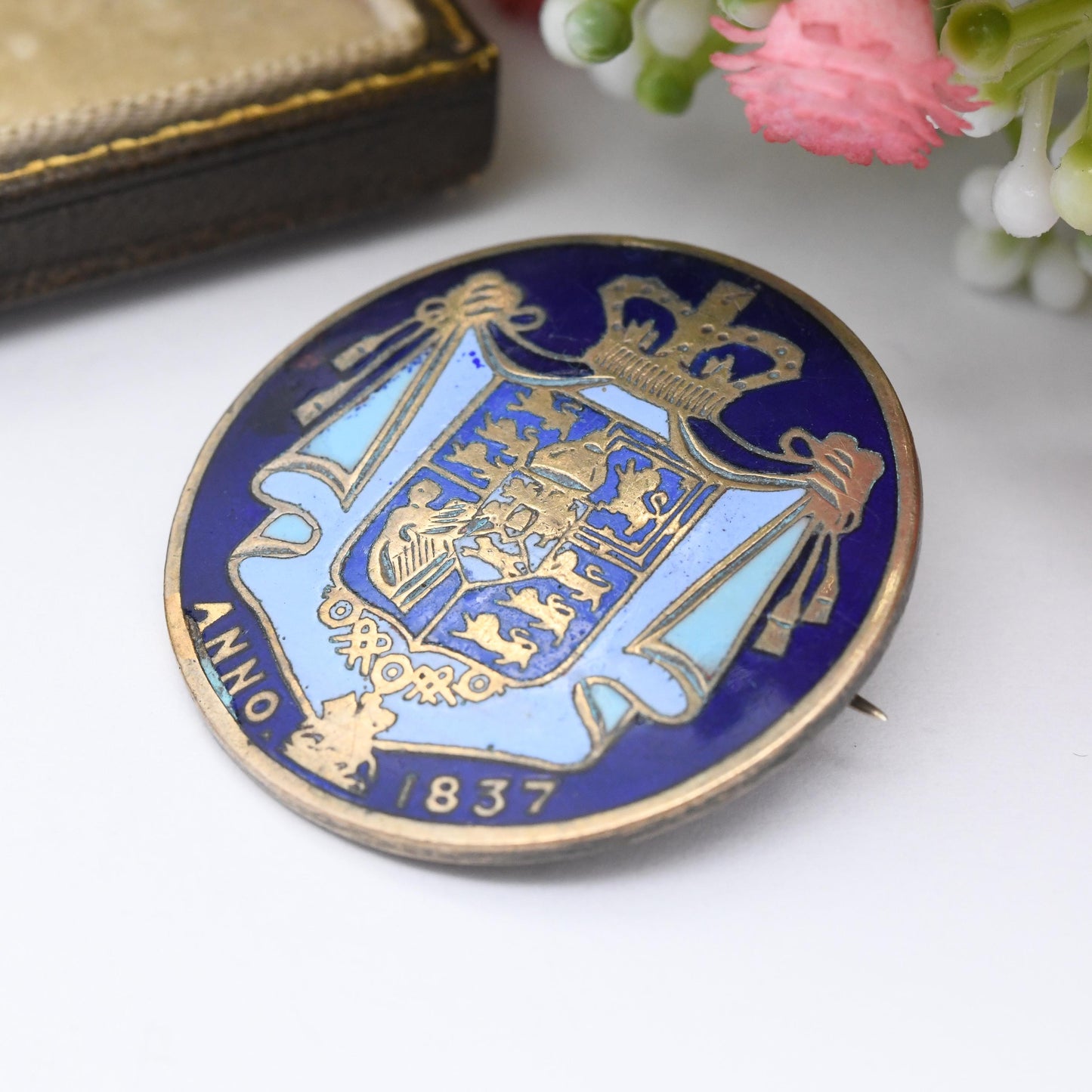 Antique Enamelled Coin Brooch Imitation 1837 William IV 1/2 Crown Coin Brooch - Enamel Coin Jewellery | Brass Coin Token Exonumia