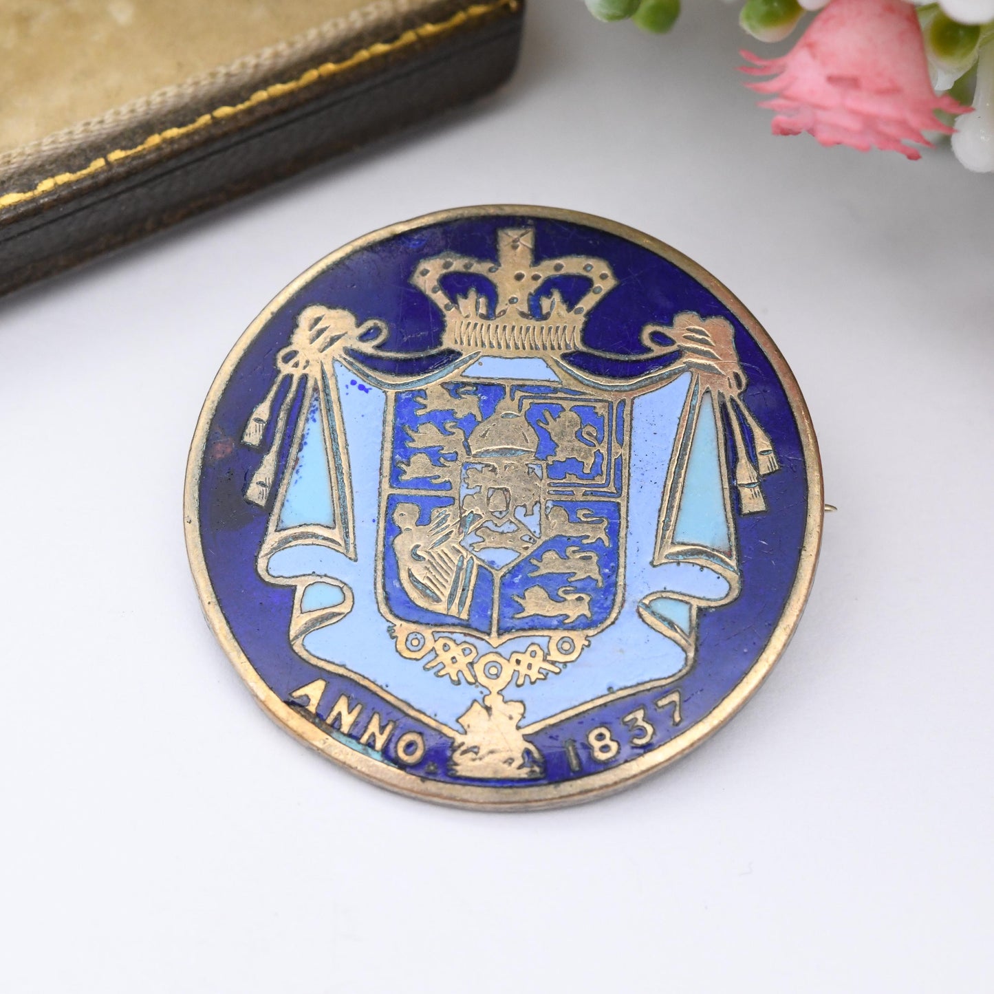 Antique Enamelled Coin Brooch Imitation 1837 William IV 1/2 Crown Coin Brooch - Enamel Coin Jewellery | Brass Coin Token Exonumia