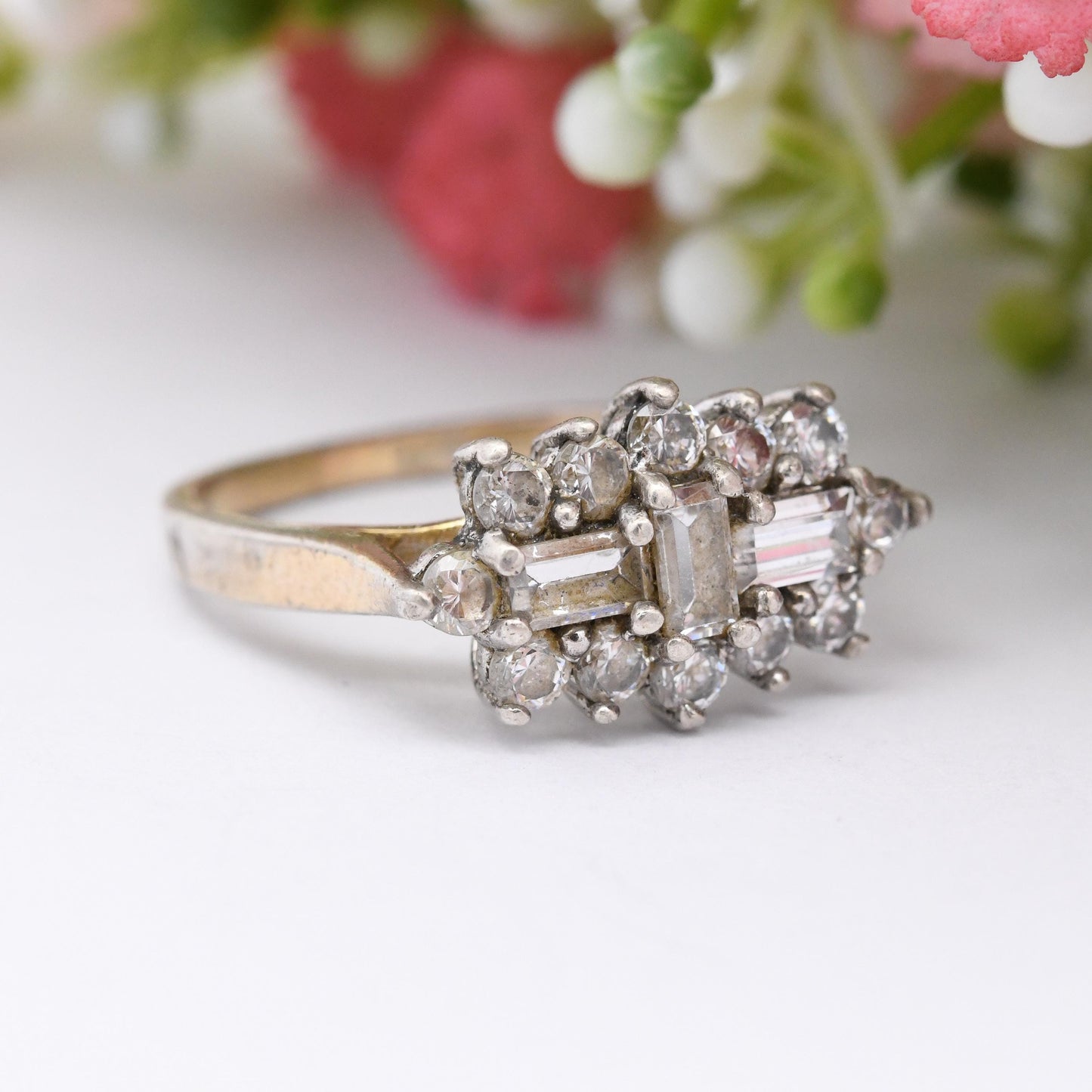 Vintage Sterling Silver CZ Cluster Ring - Clear Stones | Statement Cocktail Ring | Sparkly Gift for Her | UK Size - P | US Size - 7 1/2