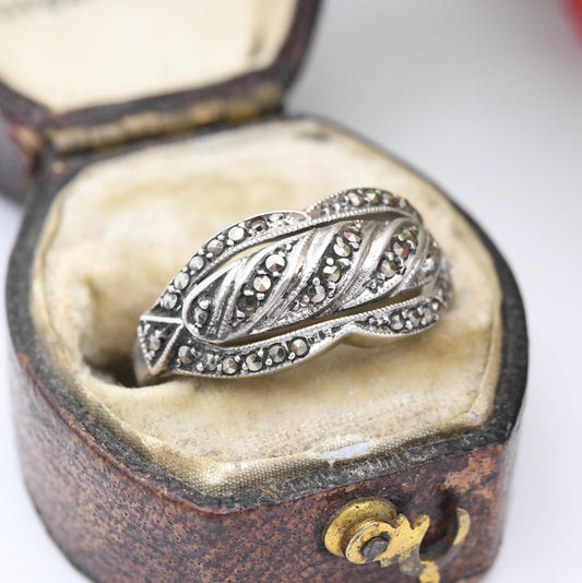 Vintage Sterling Silver Marcasite Ring - True Vintage Art Deco Style | Statement Cocktail Silver Twist | UK Size - J 1/2 | US Size - 5