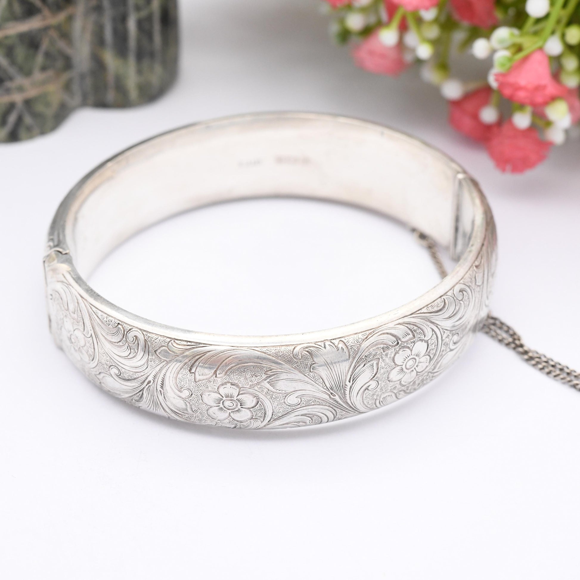 Vintage Excalibur Sterling Silver Bangle Bracelet 1972 Flower Design - Ornate Scrolling Floral Chunky Silver Jewellery with Safety Chain