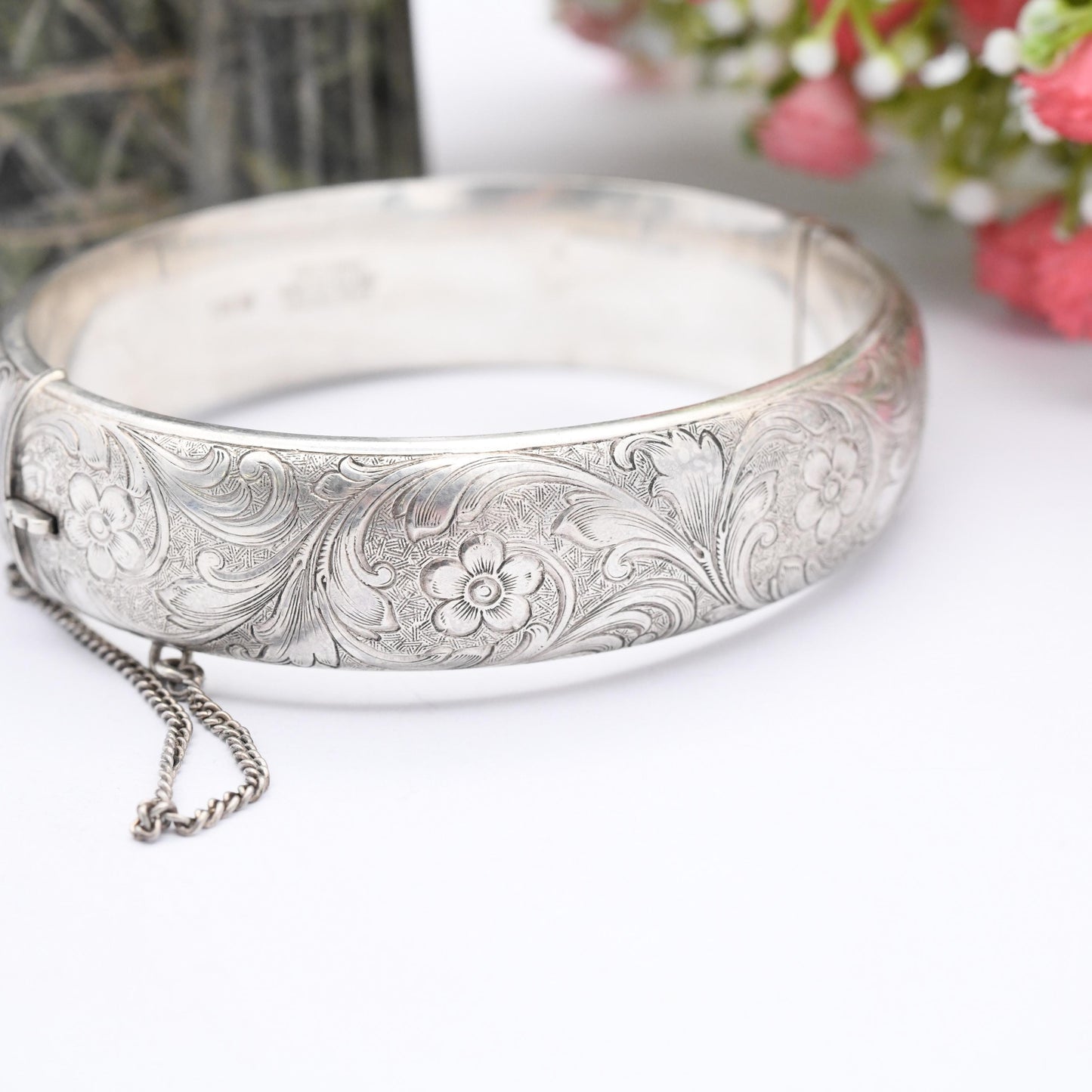 Vintage Excalibur Sterling Silver Bangle Bracelet 1972 Flower Design - Ornate Scrolling Floral Chunky Silver Jewellery with Safety Chain