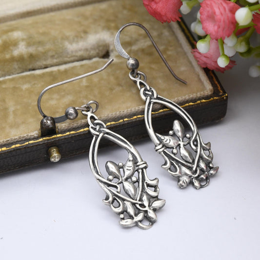 Vintage Sterling Silver Flower Drop Earrings by Kit Heath - Ornate Antique Style | 1990s Great British Designer | Celtic Floral Silver Gift