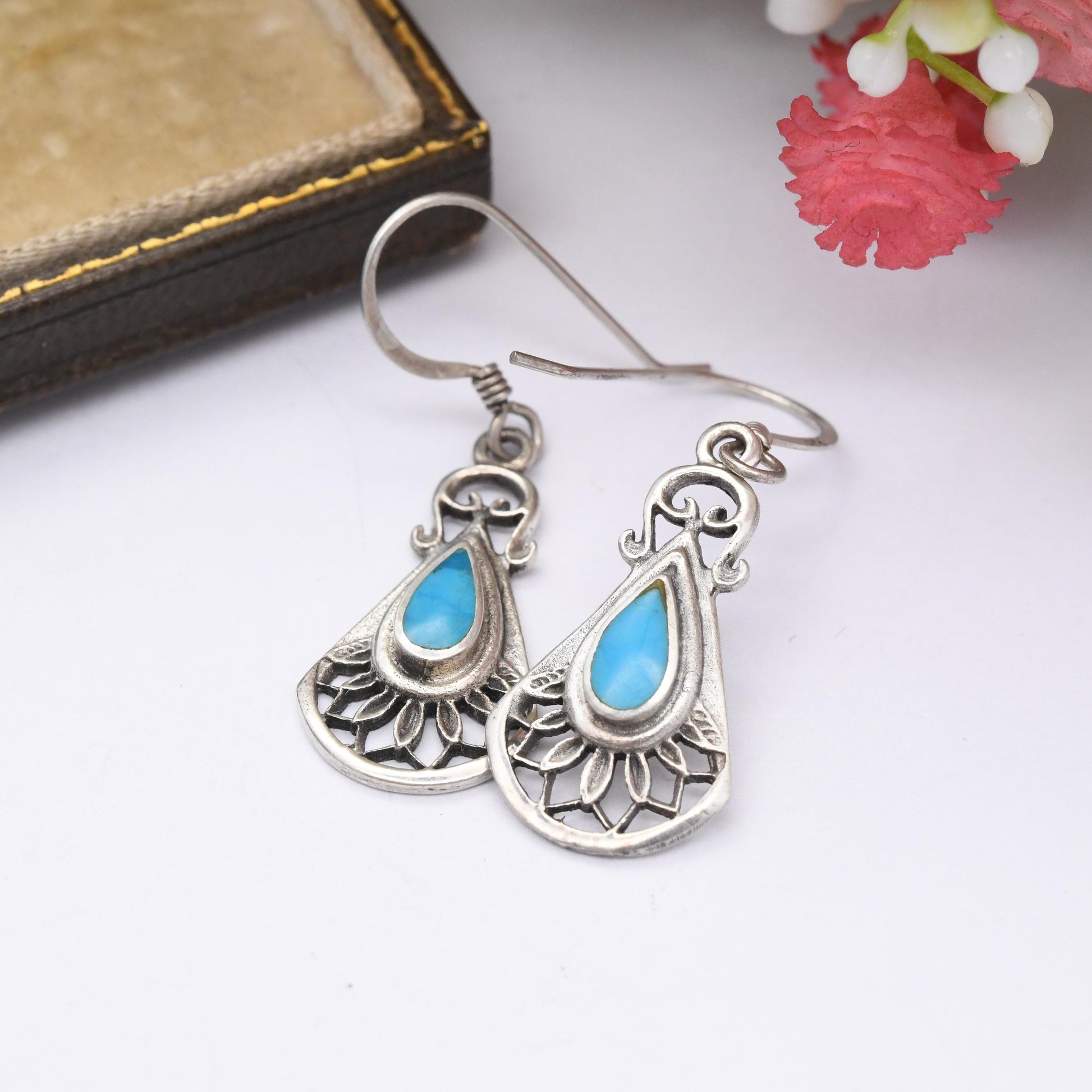 Vintage Sterling Silver Turquoise Drop Earrings - Blue Gemstone Teardrop Ornate Floral Fan Shape | Pretty Everyday Dangle Earrings