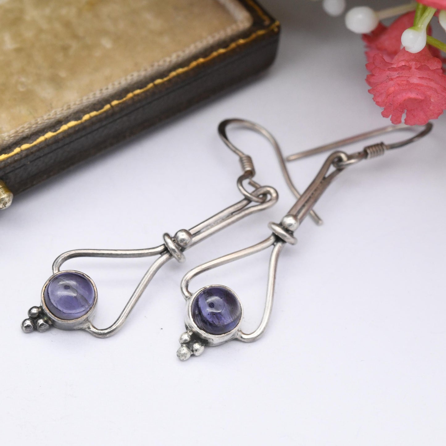 Vintage Sterling Silver Purple Gemstone Drop Earrings - Ball and Wire Design | Delicate Gift for Her