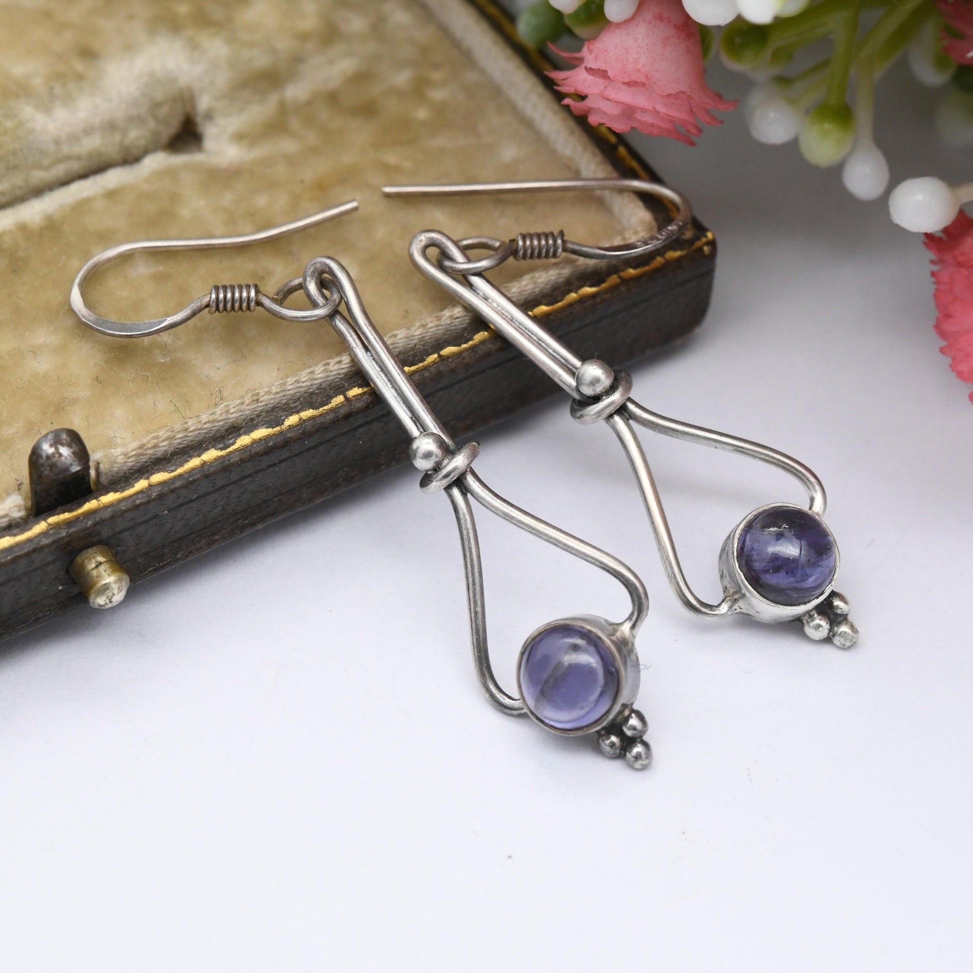 Vintage Sterling Silver Purple Gemstone Drop Earrings - Ball and Wire Design | Delicate Gift for Her