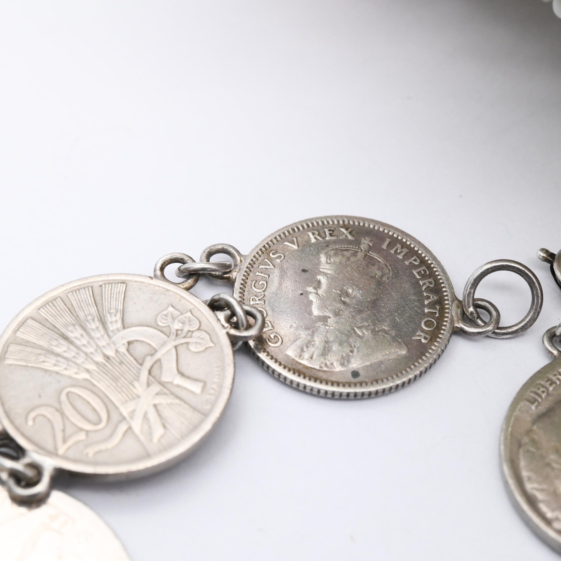 Vintage Silver Coin Bracelet with World Coins - 1936 Walking Liberty Half Dollar 1914 Quarter 1932 George V South Africa Shilling Sixpence