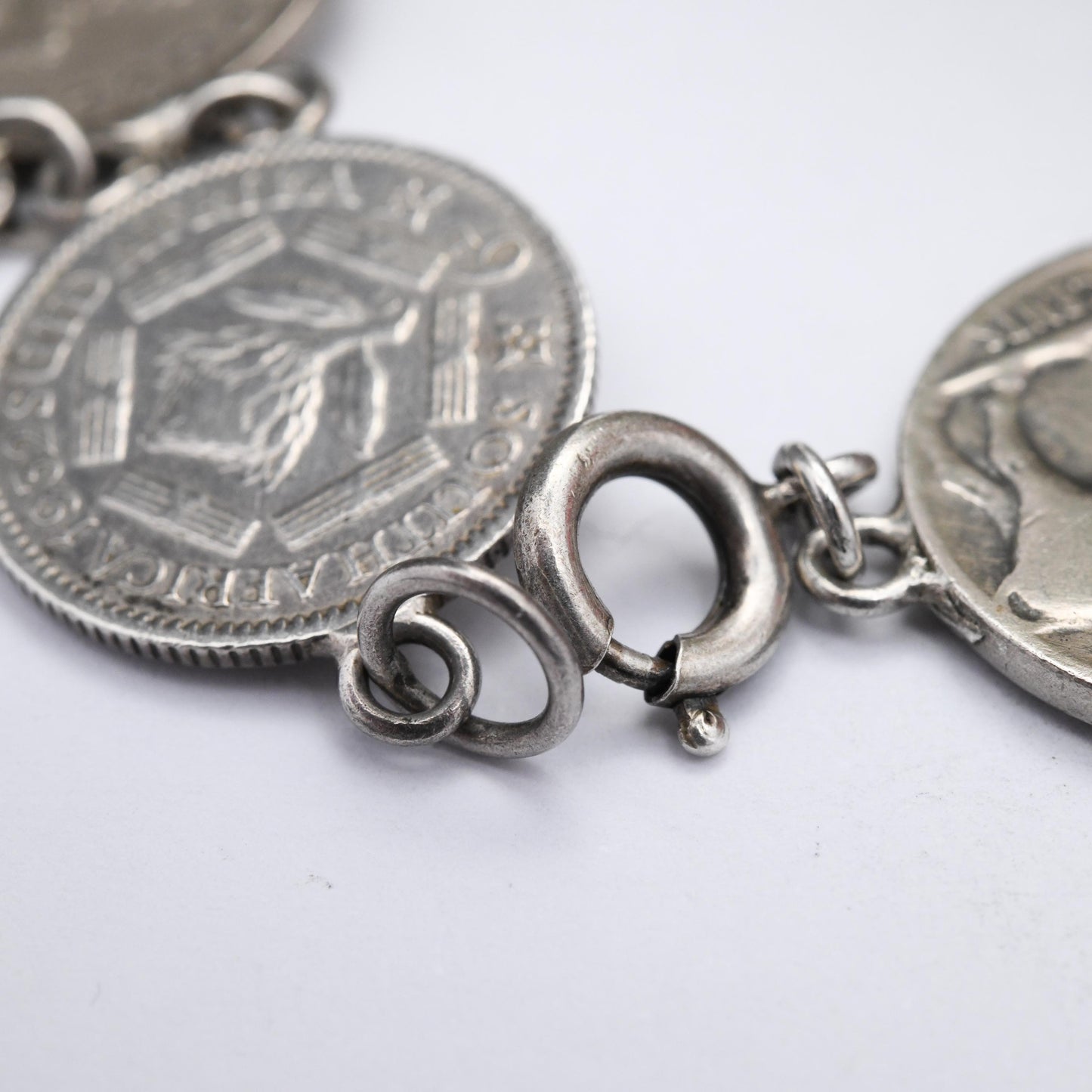 Vintage Silver Coin Bracelet with World Coins - 1936 Walking Liberty Half Dollar 1914 Quarter 1932 George V South Africa Shilling Sixpence