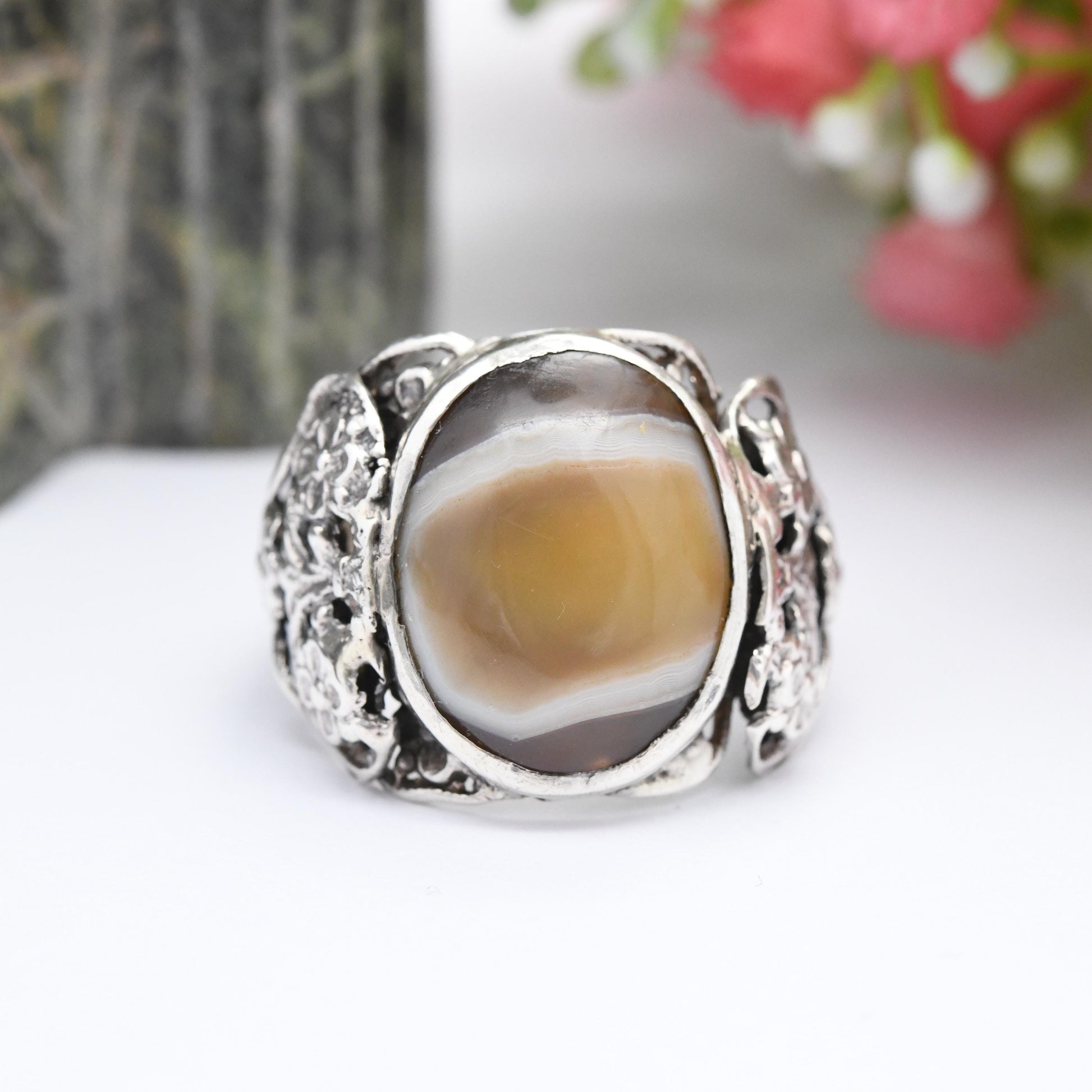 Vintage Sterling Silver Banded Agate Ring 1955 - Chunky Solid Silver Statement Jewellery Unusual Brown Gemstone | UK Size - U | US Size - 10