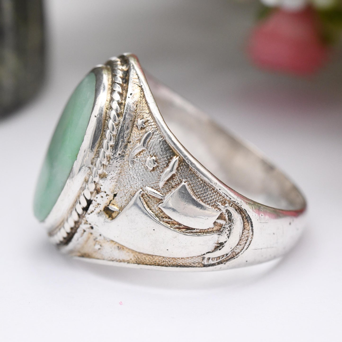 Vintage Chinese Export Silver Jade Ring with Dragon and Sailing Ship - Chunky Ornate Solid Silver Ring Unisex | UK Size - S | US Size - 9