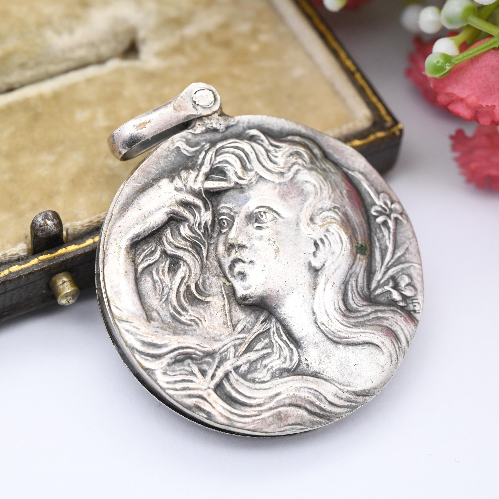Antique Art Nouveau Locket with Repoussé Flower Girl - Large Circle Pendant Slide Open Compartment for Photo Keepsake | French Silver Plated
