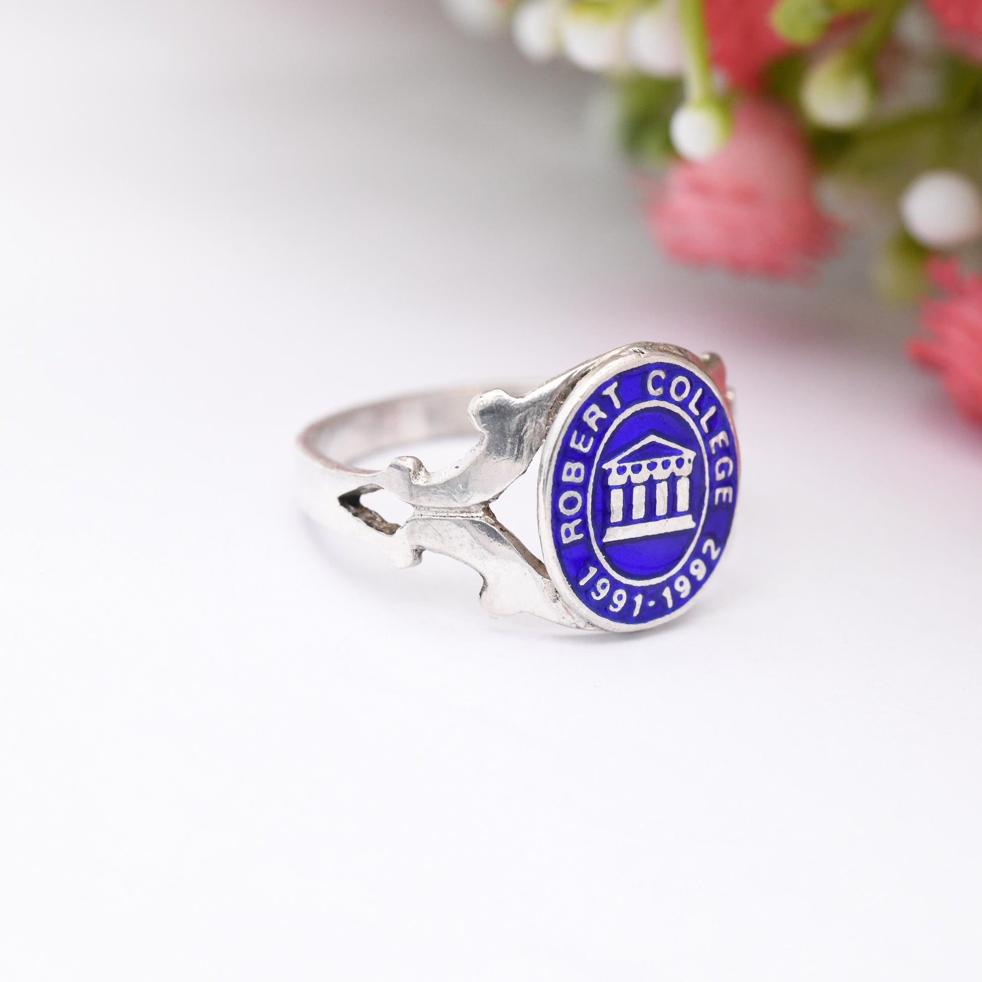 Vintage Robert College Sterling Silver Enamel Signet Ring Class of 1991 1992 - School Ring Blue Class Ring | UK Size M 1/2 | US Size 6 1/2