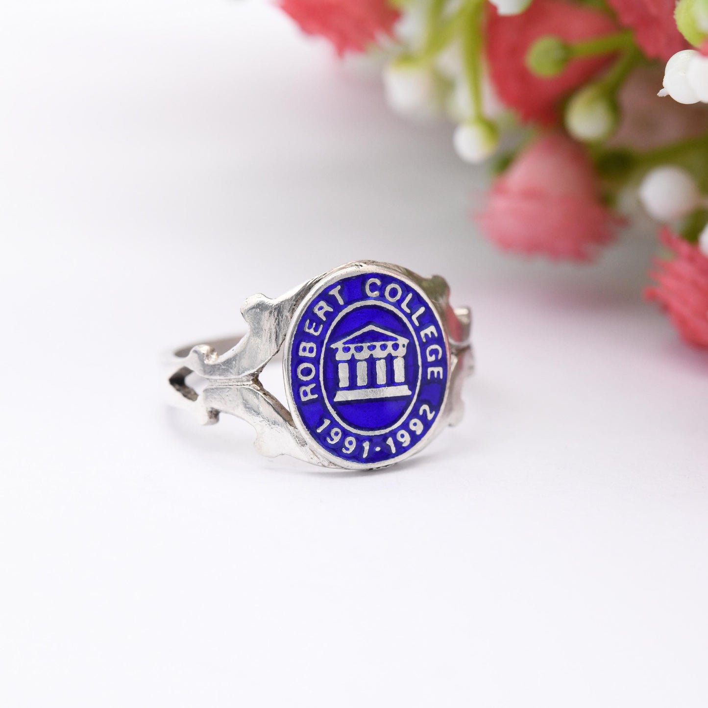 Vintage Robert College Sterling Silver Enamel Signet Ring Class of 1991 1992 - School Ring Blue Class Ring | UK Size M 1/2 | US Size 6 1/2