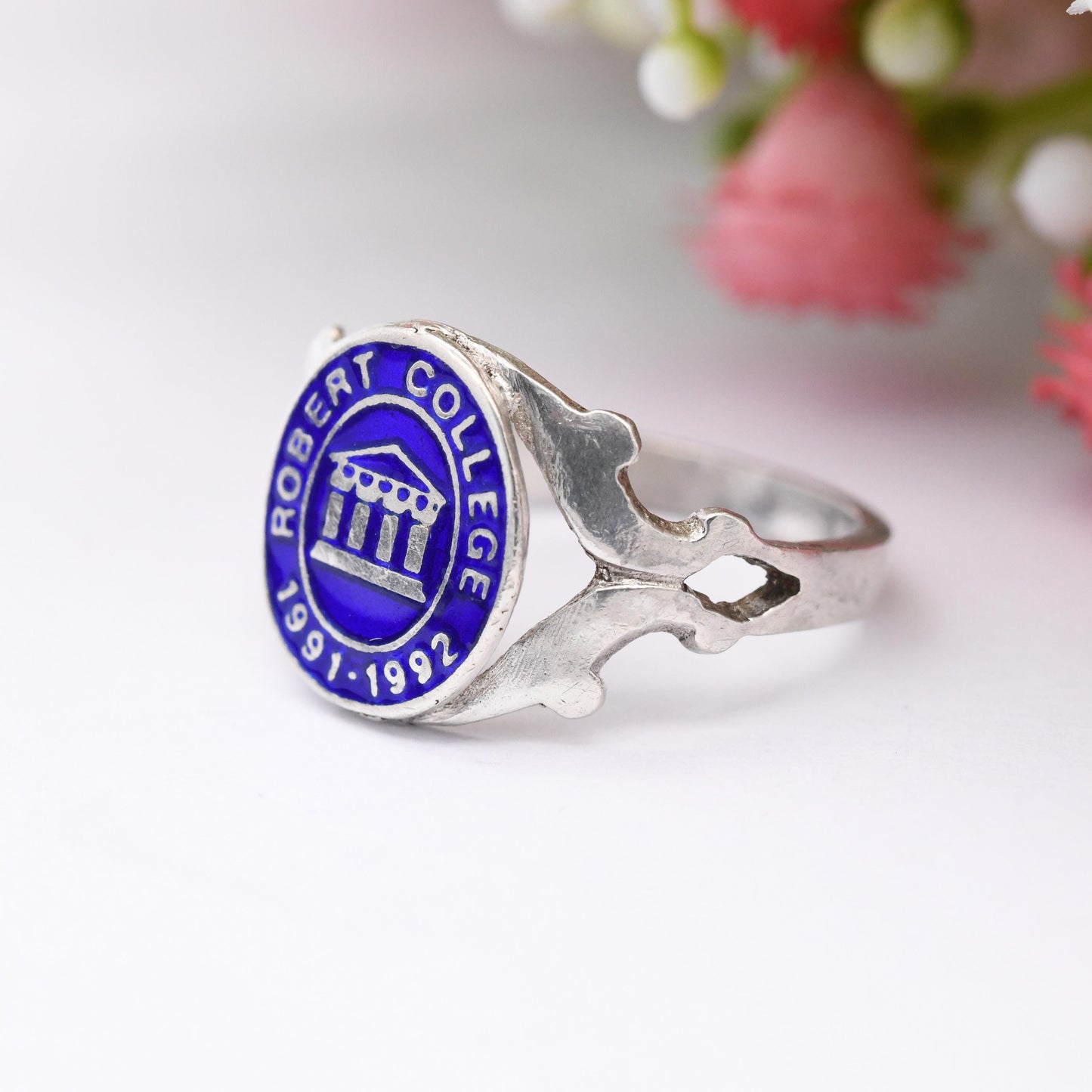 Vintage Robert College Sterling Silver Enamel Signet Ring Class of 1991 1992 - School Ring Blue Class Ring | UK Size M 1/2 | US Size 6 1/2