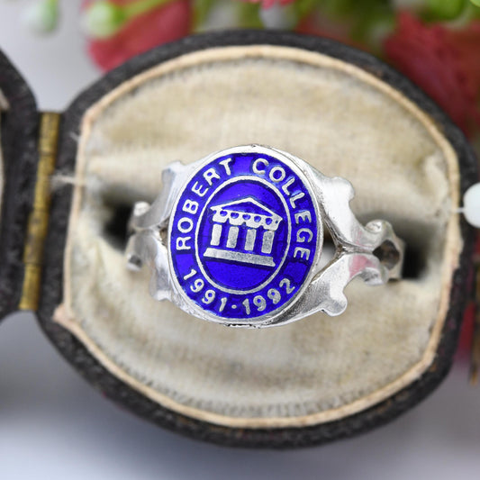 Vintage Robert College Sterling Silver Enamel Signet Ring Class of 1991 1992 - School Ring Blue Class Ring | UK Size M 1/2 | US Size 6 1/2