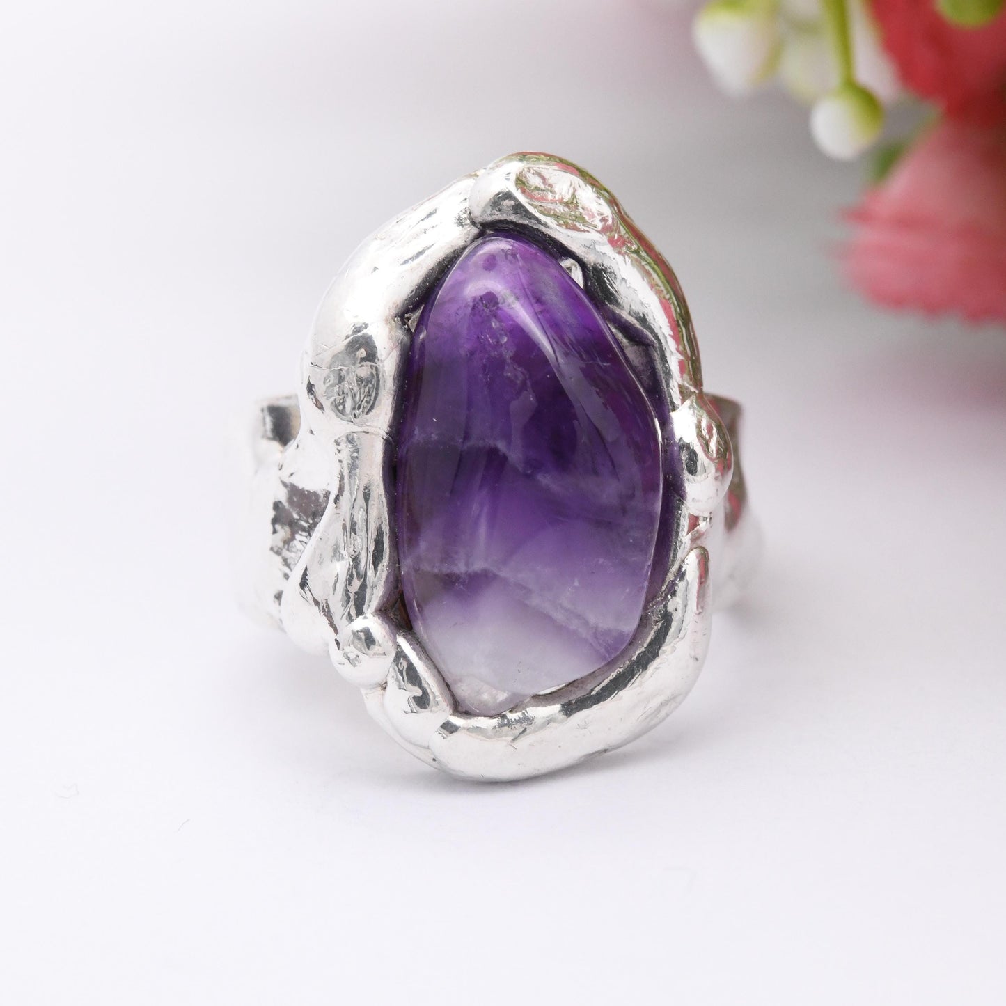 Vintage Dansk Smykkekunst Sterling Silver Amethyst Ring Denmark Designer DS - Tumbled Purple Stone Modernist | Size UK - M 1/2 | US - 6 1/2