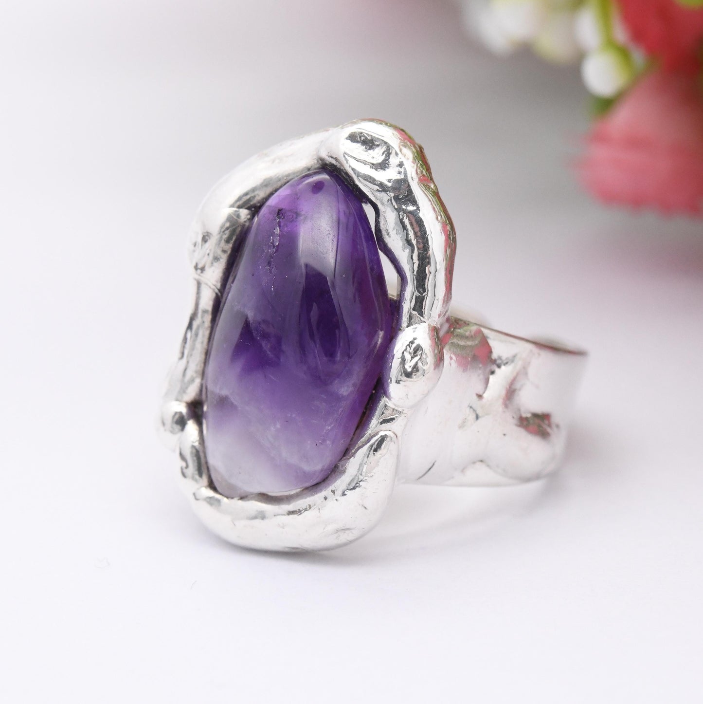 Vintage Dansk Smykkekunst Sterling Silver Amethyst Ring Denmark Designer DS - Tumbled Purple Stone Modernist | Size UK - M 1/2 | US - 6 1/2