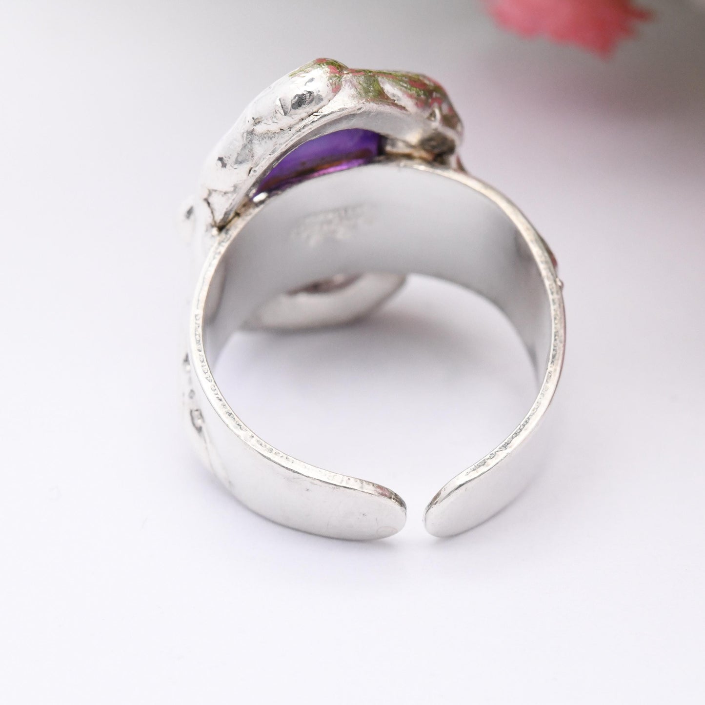 Vintage Dansk Smykkekunst Sterling Silver Amethyst Ring Denmark Designer DS - Tumbled Purple Stone Modernist | Size UK - M 1/2 | US - 6 1/2