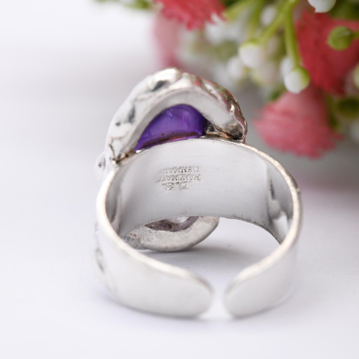 Vintage Dansk Smykkekunst Sterling Silver Amethyst Ring Denmark Designer DS - Tumbled Purple Stone Modernist | Size UK - M 1/2 | US - 6 1/2