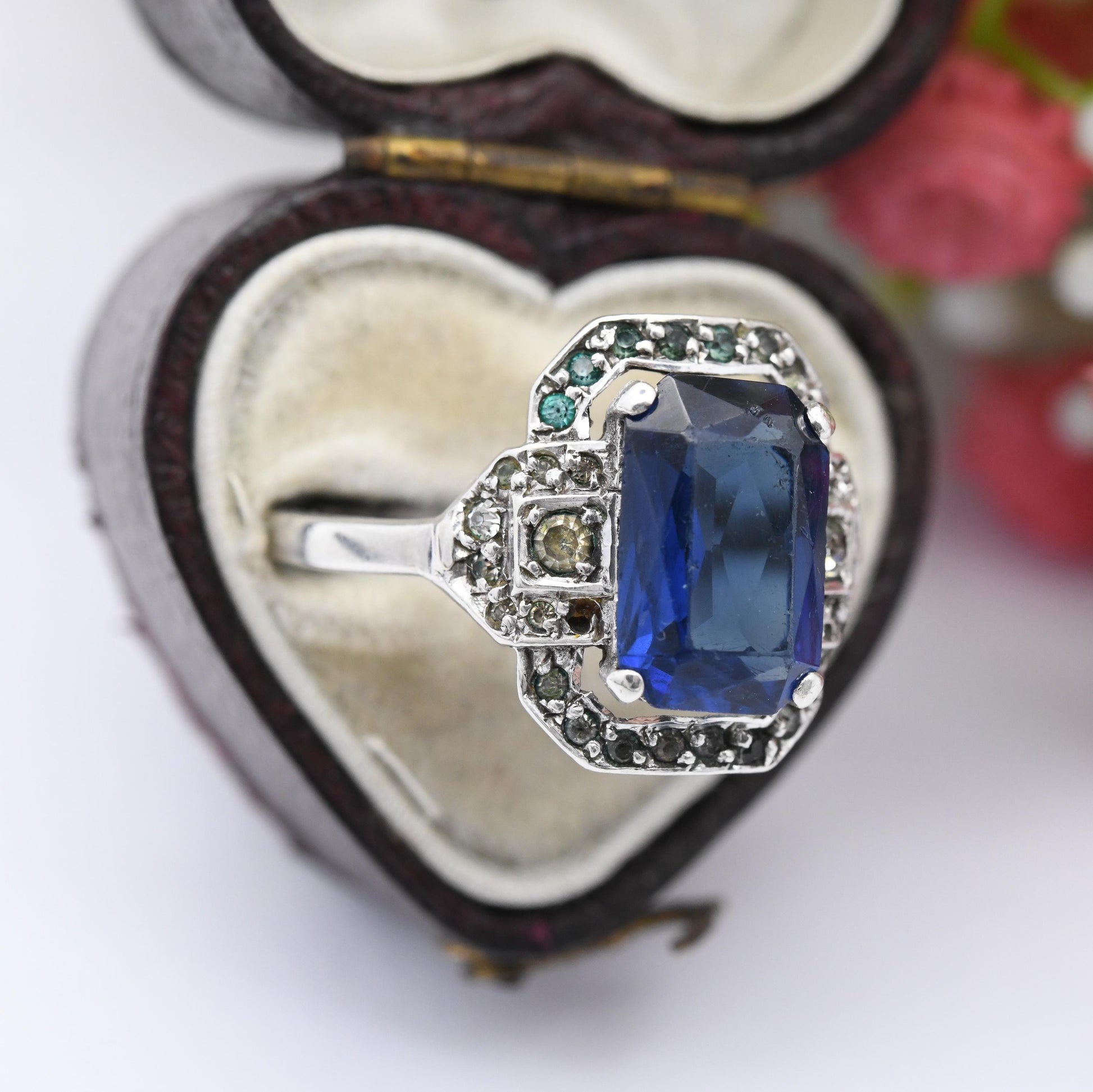 Antique Art Deco Silver Blue Paste Ring by Ciro SCP - Statement Cocktail Ring Sparkly Halo Gift for Her | Large UK Size - S | US Size - 9